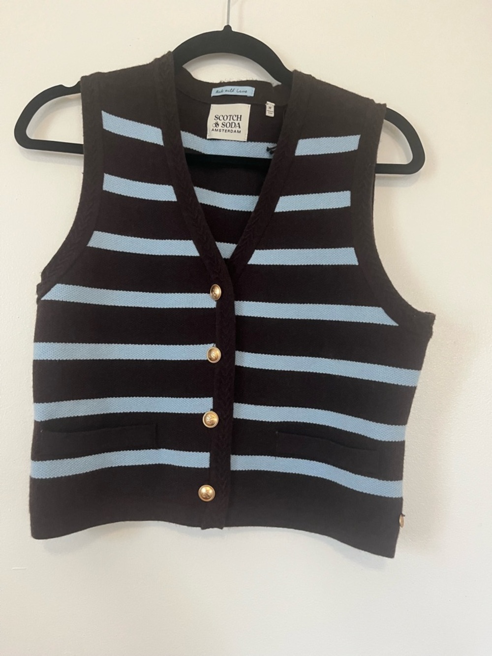 Scotch & Soda Brown and Light Blue Striped Knit Vest with Gold Buttons
